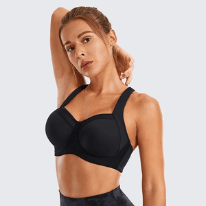 Front view of black padded sports bra with molded cups and wide straps for plus size fit - MissFine