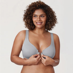 Front view of gray full cup underwire bra with seamless molded cups and front clasp closure - MissFine