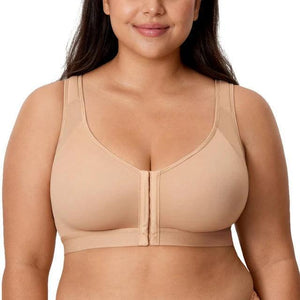 Front view of beige seamless full coverage bra with zipper closure and molded cups - MissFine
