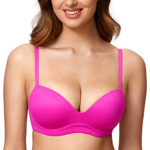 Front view of bright pink plunge push up bra with smooth molded cups and straps - MissFine