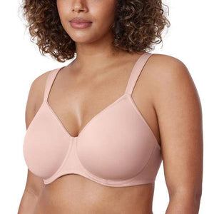 Side angle of nude minimiser bra showing seamless molded cup and underwire shape - MissFine