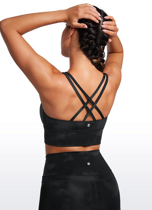 Longline Criss Cross Bra - Criss Cross Back, Extended Length - Black Floral
