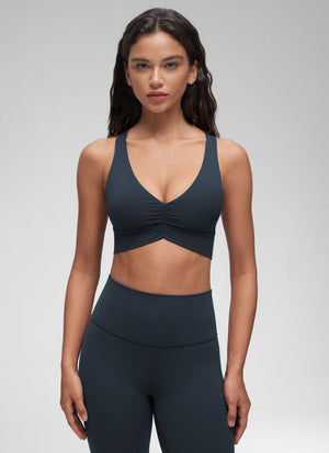 Ruched V Neck Longline Bra - Ruched Detail, V Neck, Longline