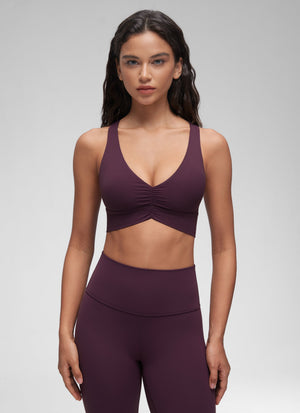 Ruched V Neck Longline Bra - Ruched Detail, V Neck, Longline