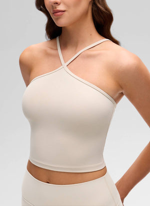 Halter Sports Bra - Cross Halter, Built-in Bra Tank