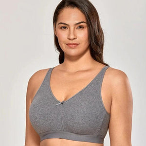 Front view of gray full cup non wired bra with V-neckline and wide straps - MissFine