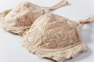 Side angle close-up of floral lace cups and adjustable straps on supportive plus size bra - MissFine