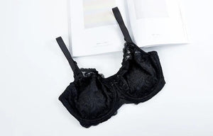 Side angle of black lace full cup bra highlighting underwire shape and side support panels - MissFine
