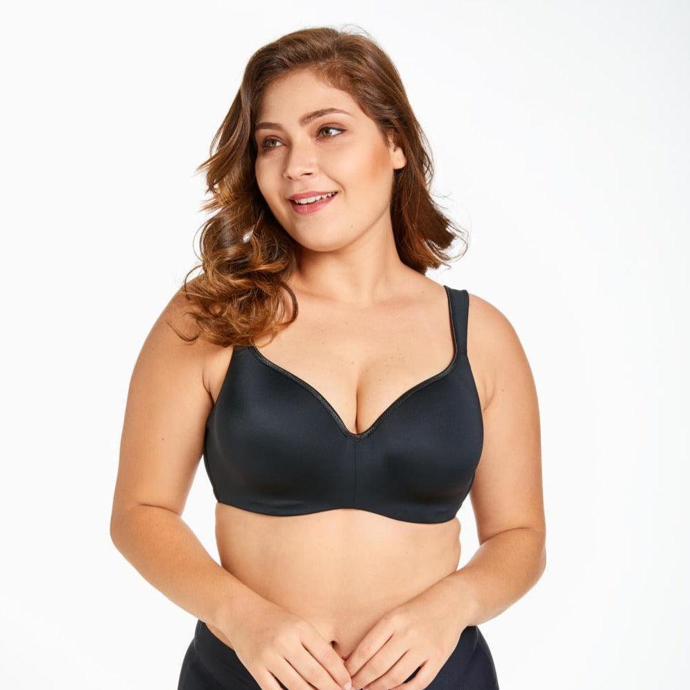 Side angle of plus size model in black full cup bra with smooth band and V-neckline - MissFine
