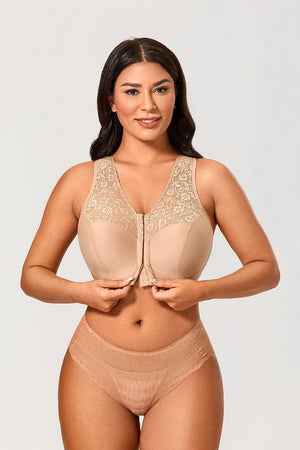 Close-up of lace overlay on upper cups and front hook-and-eye front closure of padded bra - MissFine
