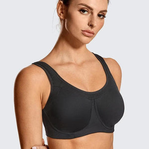 Front view of black plus size padded push up sports bra with molded full coverage cups - MissFine