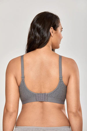 Front view of black minimizer bra with full coverage, unpadded cups and wide shoulder straps - MissFine