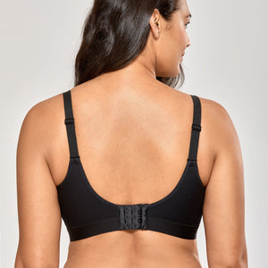 Back view of black non wired full cup bra with wide hook-and-eye closure band - MissFine