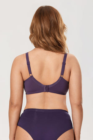 Close-up of floral lace detailing over molded cups and scalloped plunge edge - MissFine