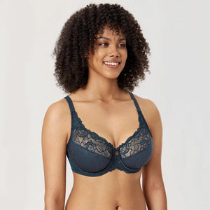 Back view of teal full coverage bra with wide band and hook-and-eye closure - MissFine