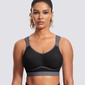 Front view of gray-black wire-free plus size sports bra with full coverage cups - MissFine