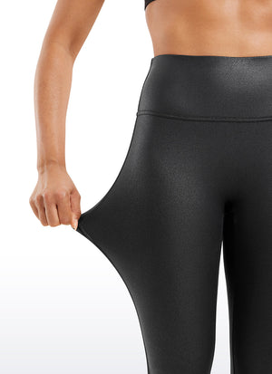 Faux Leather Leggings - No Front Seam, Smooth Panel, High Waist Black Foil Pattern - view 4