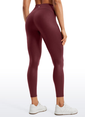 Faux Leather Leggings - No Front Seam, Smooth Panel, High Waist Red Merlot Foil Pattern - view 2