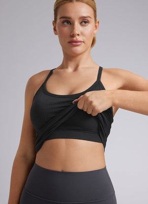 Side view showing compression fit and standard shoulder straps on seamless pull-on sports bra tank - MissFine