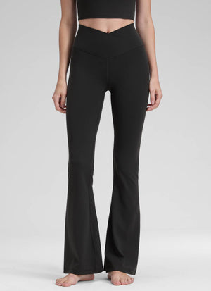 Flared Leggings with Crossover Waist - Butterluxe, 31 Inch Tall Black - view 1