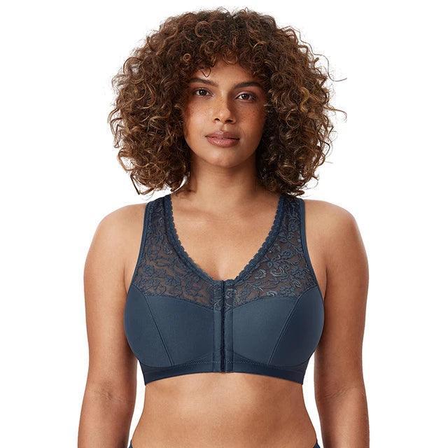 Side angle of taupe front closure full cup bra showing wide adjustable shoulder straps and smooth cups - MissFine
