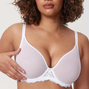 Front view of white padded t shirt bra with deep plunge neckline and lace trim - MissFine
