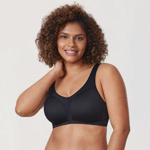 Front view of black moulded full cup bra with wide straps and smooth cups - MissFine