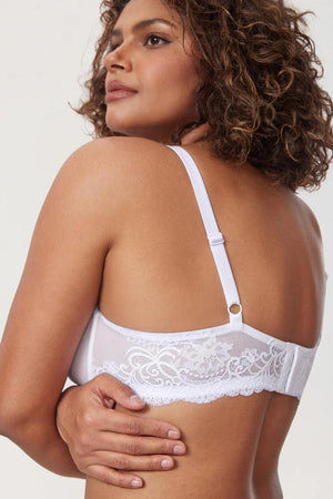 Close-up of lilac purple plunge bra with smooth cups and delicate lace underband - MissFine