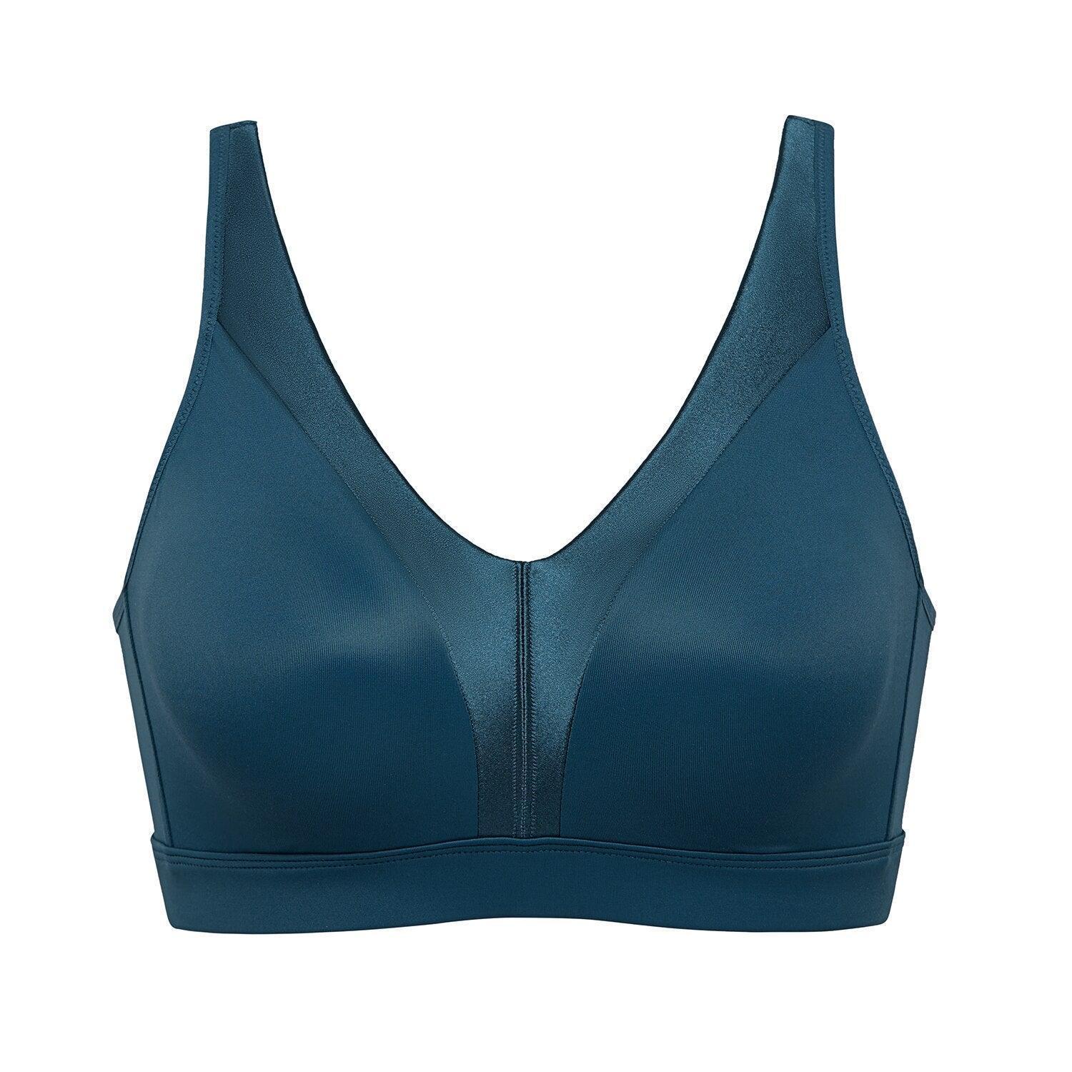 Close-up of satin-finish fabric and central seam detail on blue wireless bra cups - MissFine