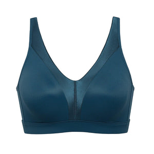 Close-up of satin-finish fabric and central seam detail on blue wireless bra cups - MissFine