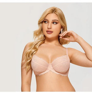 Front view of black lace full cup underwired bra with molded padded cups and adjustable straps - MissFine