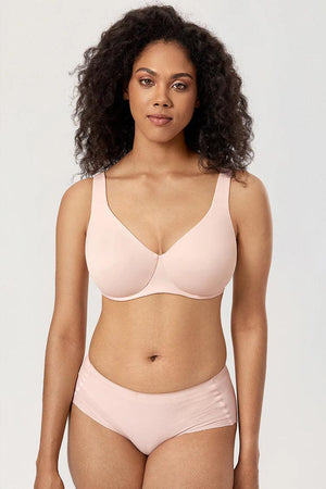 Front view of light pink seamless full coverage underwired cotton bra with V-neckline - MissFine