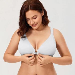 Side angle showing full coverage cups and adjustable shoulder straps on front closure bra - MissFine