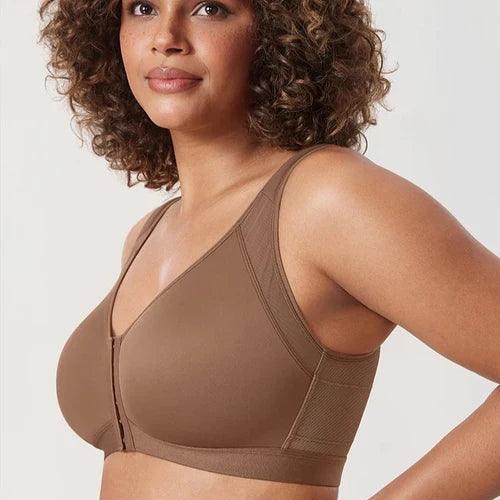 Back view of taupe racerback bra showing wide cross-back straps and elastic band - MissFine