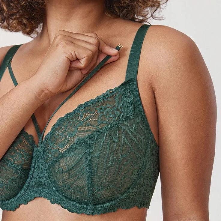 Side angle of blue lace plus size bra showing adjustable straps and seamed cups - MissFine