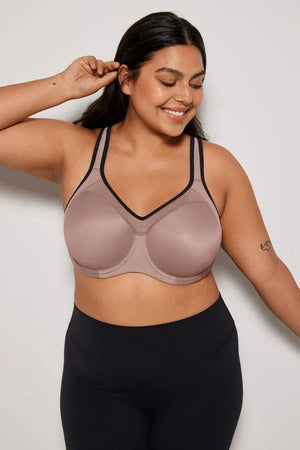 Back view of taupe racerback sports bra with adjustable straps and supportive wide band - MissFine