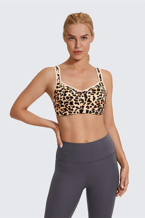 Back view of leopard sports bra with hook-and-eye closure and convertible straps - MissFine