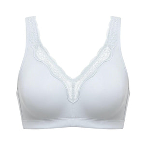 Side angle of nude non wired full cup cotton bra showing smooth seamless cups and soft band - MissFine