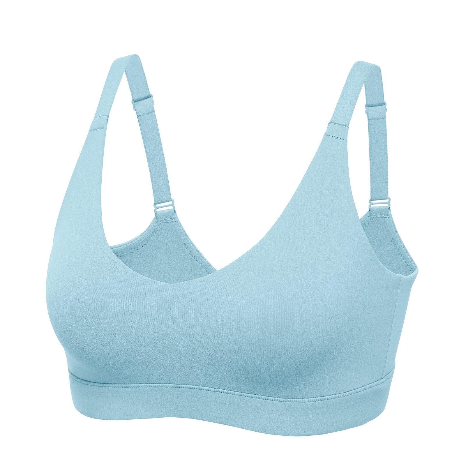 Side angle of nude wireless pull-on bra showing smooth seamless band and adjustable straps - MissFine
