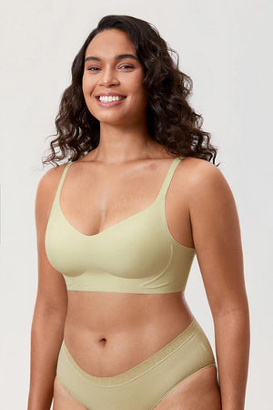 Back view of green plus size bra with clean pull-on design and soft underband - MissFine