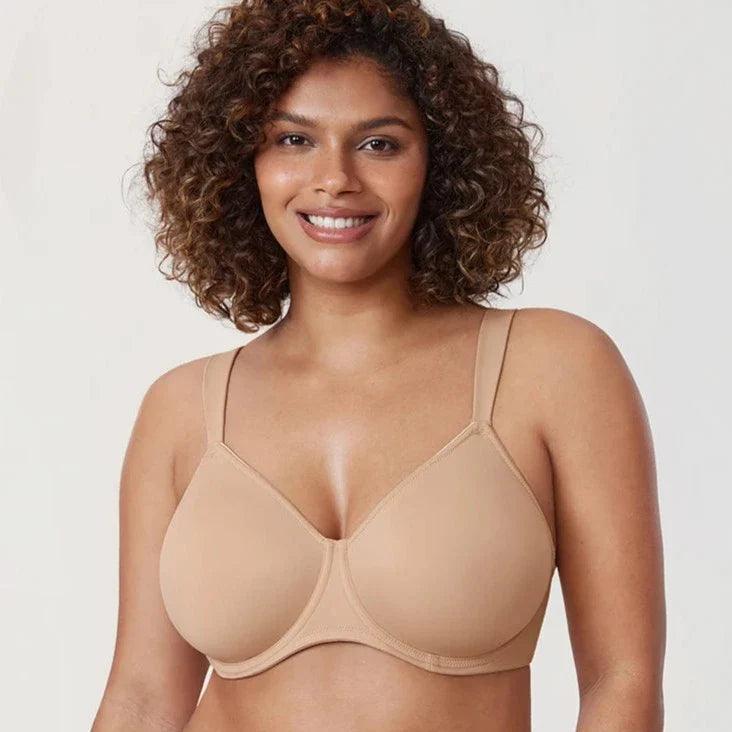 Front view of plus-size model in Elegant Blue full cup minimiser bra showing smooth cups and V-neckline - MissFine
