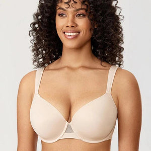 Front view of nude plunge bra with smooth lightly padded molded cups and underwire support - MissFine