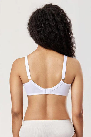 Close-up of floral lace overlay and scalloped cup edge on white balconette bra - MissFine