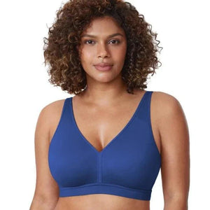 Front view of blue non wired full cup bra with V-neckline and smooth, seamless cups - MissFine
