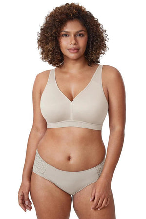 Front view of vintage beige wireless full cup bra showing wide underband and full coverage cups - MissFine
