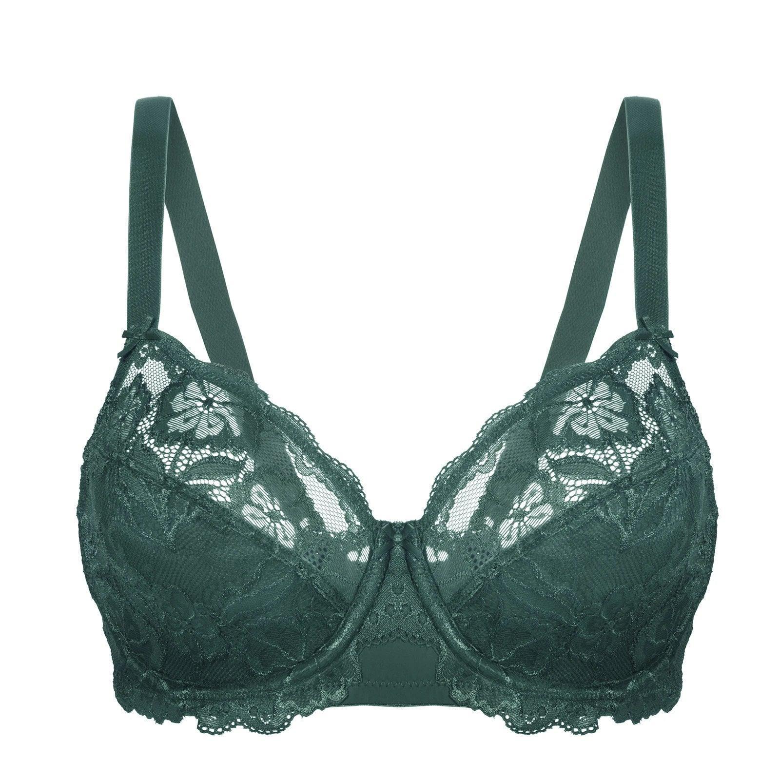 Side angle of blue lace plus size bra showing full coverage cups and strap detail - MissFine