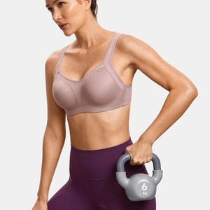 Front view of nude molded full cup sports bra with wide straps - MissFine