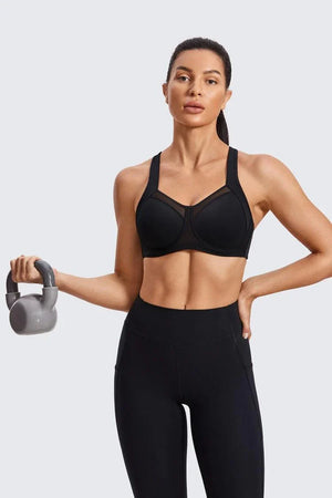 Front view of white full coverage sports bra with mesh center panel and wide band - MissFine