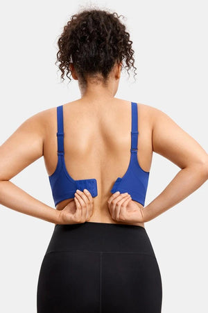 Back view of blue racerback sports bra with wide supportive band designed to encourage better posture - MissFine