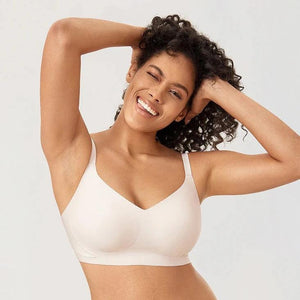 Side angle of green pull-on bra showing adjustable shoulder straps and smooth band - MissFine